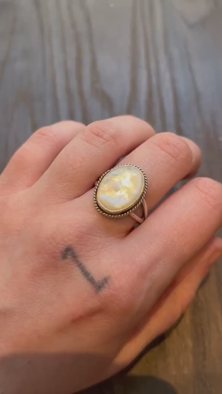 Mother of Pearl Boho Ring - White Nacre Ring - Sterling Silver