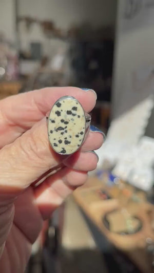 Dalmatian Jasper Ring - Big Spotted Jasper Ring - Black & White Stone Ring - Sterling Silver