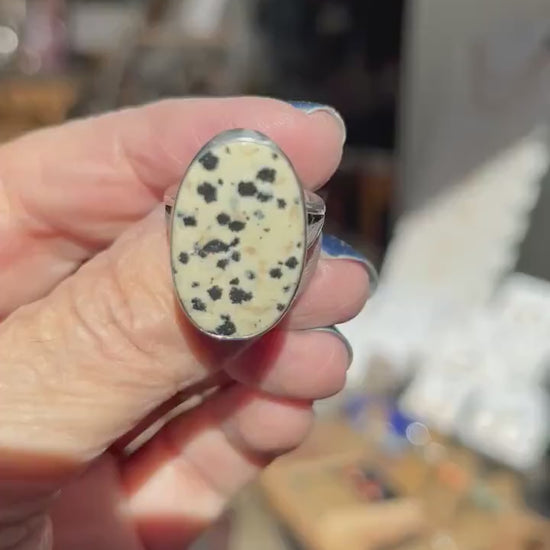 Choose your Big Oval Dalmatian Jasper Ring – Sterling Silver Spotted Stone