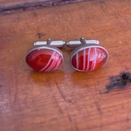 Red Banded Agate Cuff Links - .925 Sterling Silver, Silversmith