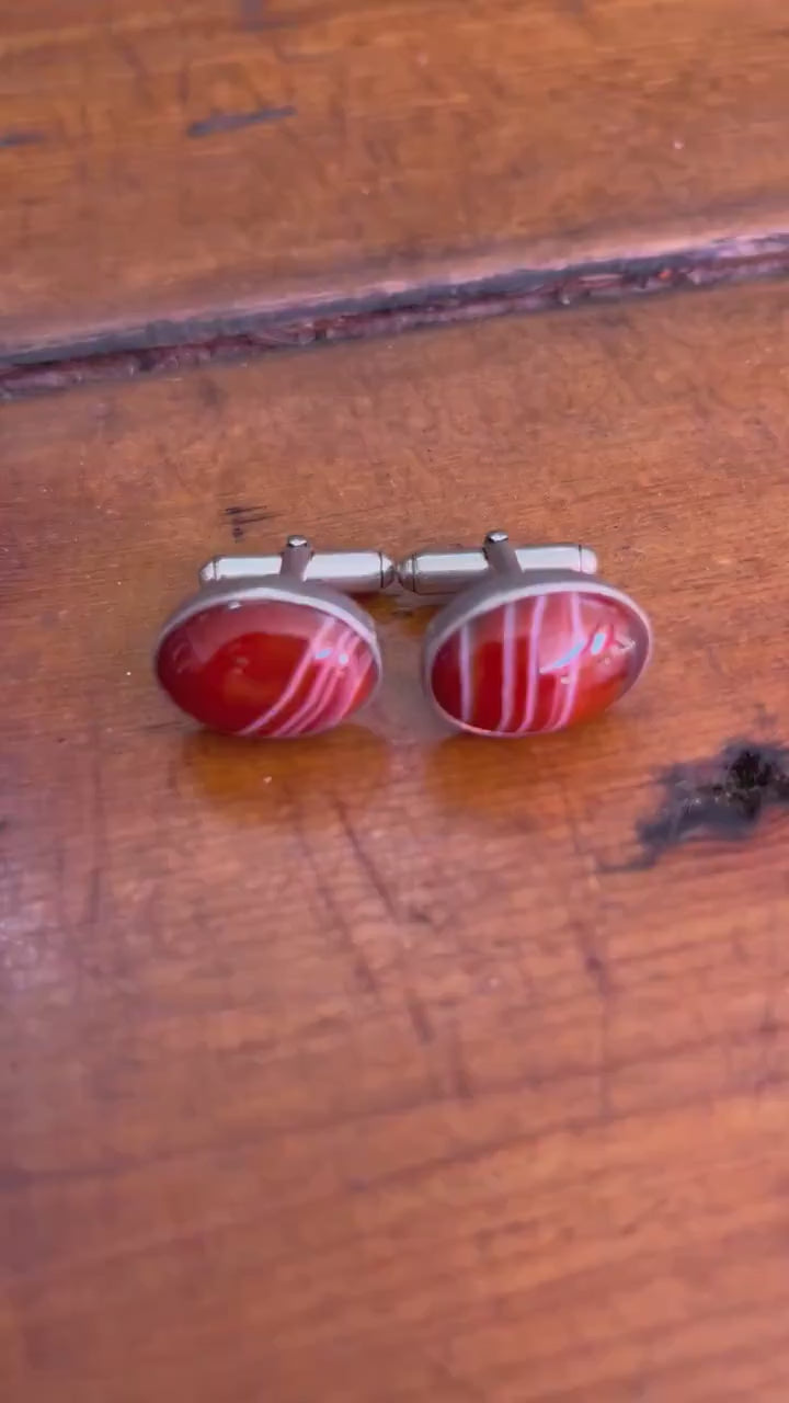 Red Banded Agate Cuff Links - .925 Sterling Silver, Silversmith