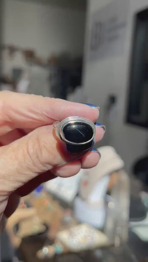 Black Onyx Ring - East West Black Agate Oval Ring - Sterling Silver