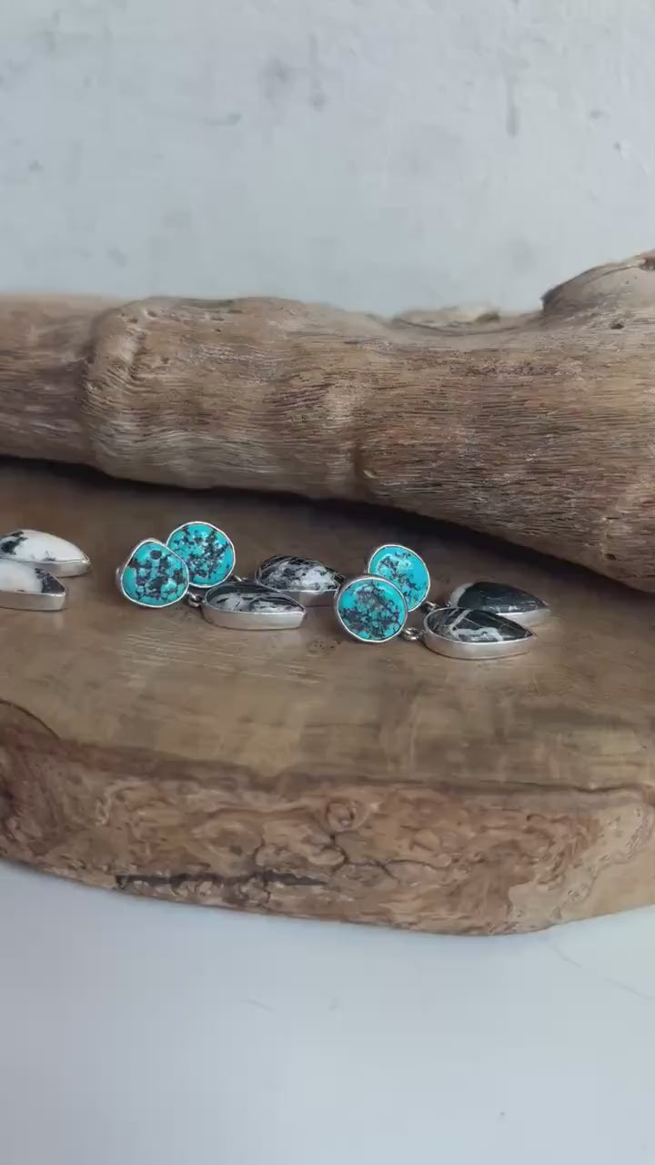 Sterling Silver White Buffalo and Kingman Turquoise Drop Earrings – Choose Your Pair