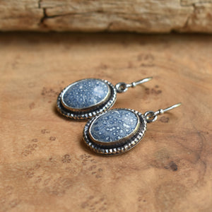 Blue Sponge Coral Earrings - Hammered Silver Drop Earrings - .925 Sterling Silver - Silversmith