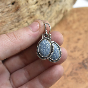 Blue Sponge Coral Earrings - Hammered Silver Drop Earrings - .925 Sterling Silver - Silversmith