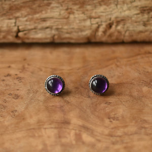 Purple Amethyst Hammered Posts - Purple Amethyst Earrings - .925 Sterling Studs - 8mm Stones - Silversmith