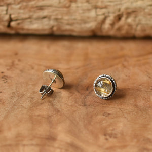 Golden Rutilated Quartz Posts - Hammered Post Earrings - Silversmith Earrings - 8mm Stones