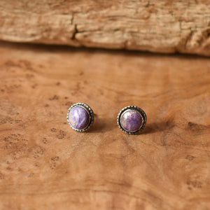 Purple Charoite Hammered Posts - .925 Sterling Silver - Charoite Post Earrings - Silversmith Studs