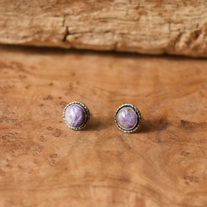 Purple Charoite Hammered Posts - .925 Sterling Silver - Charoite Post Earrings - Silversmith Studs