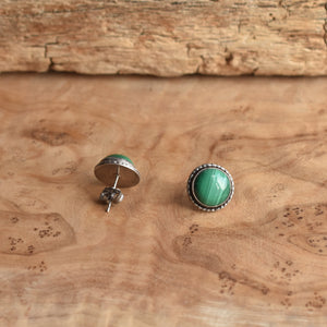 Malachite Hammered Posts - Green Malachite Earrings - .925 Sterling Silver - Big Malachite Earrings