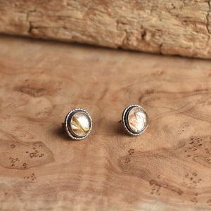 Large Hammered Posts - Golden Rutilated Quartz Earrings - Silversmith Earrings - 10mm Stones