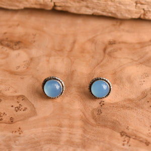 Blue Chalcedony Hammered Posts - Chalcedony Studs - Soft Blue Stud Earrings - Sterling Silver Studs