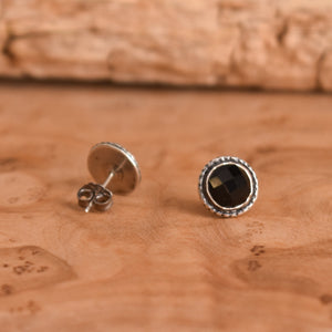 Rose Cut Black Onyx Hammered Posts - .925 Sterling Silver - Onyx Studs - Silversmith Posts