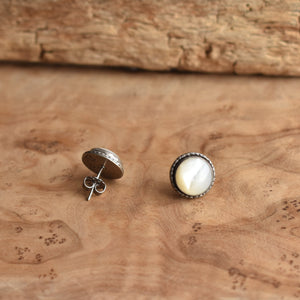 Mother of Pearl Hammered Posts - Mother Of Pearl Earrings - White Nacre Post Earrings - Silversmith