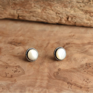 Mother of Pearl Hammered Posts - Mother Of Pearl Earrings - White Nacre Post Earrings - Silversmith