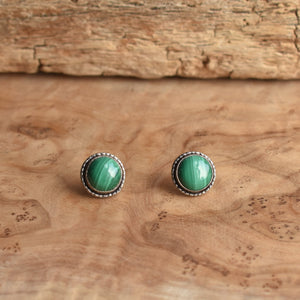 Malachite Hammered Posts - Green Malachite Earrings - .925 Sterling Silver - Big Malachite Earrings
