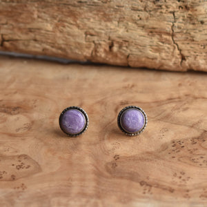 Large Purple Charoite Posts - .925 Sterling Silver - Hammered Post Earrings - Silversmith Studs