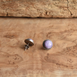 Large Purple Charoite Posts - .925 Sterling Silver - Hammered Post Earrings - Silversmith Studs