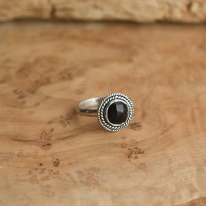 Lasso Ring - Rose Cut Black Onyx Ring -  Dainty Silversmith Ring - Faceted Black Onyx Stacking Ring