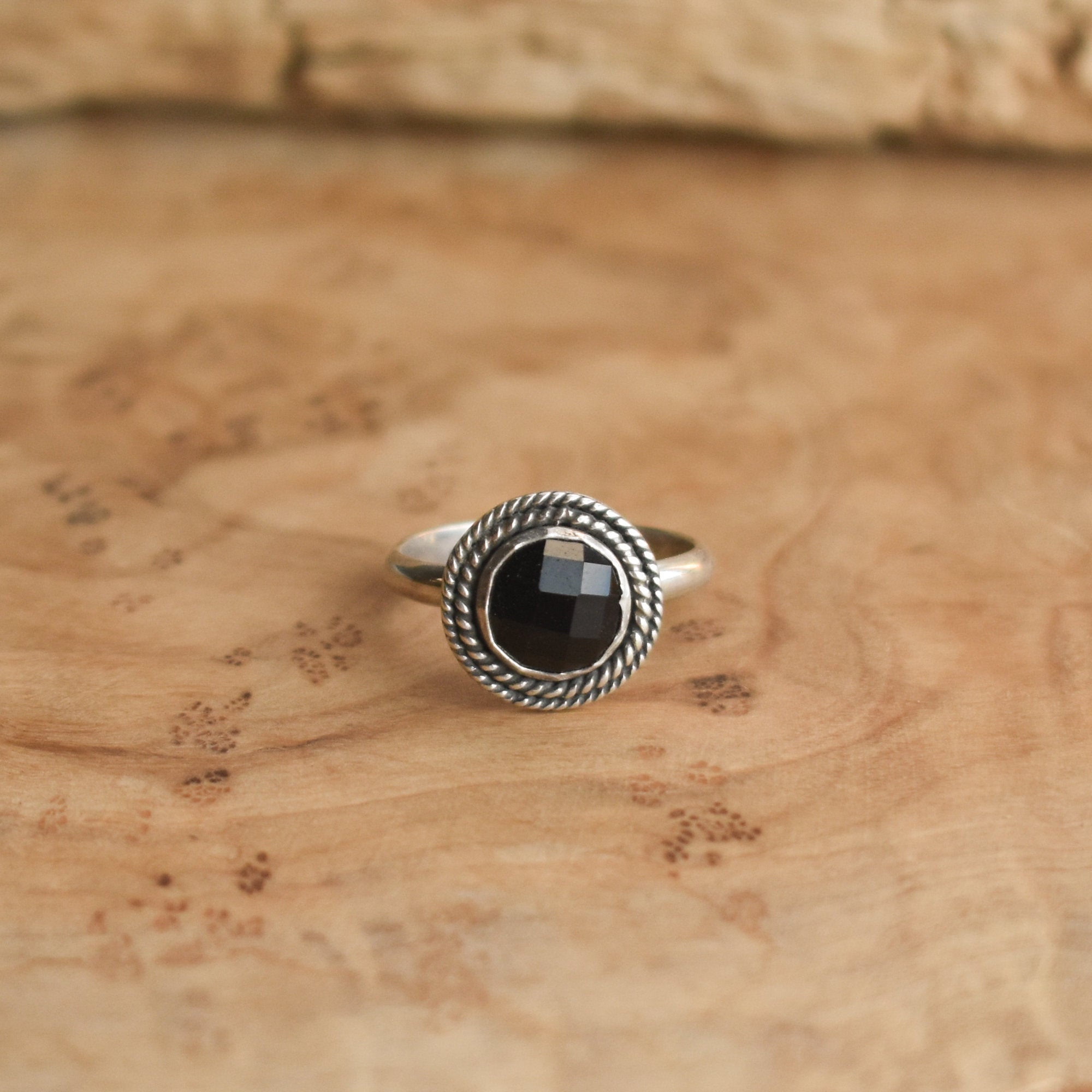 Lasso Ring - Rose Cut Black Onyx Ring -  Dainty Silversmith Ring - Faceted Black Onyx Stacking Ring