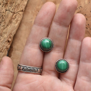 Malachite Hammered Posts - Green Malachite Posts - Malachite Earrings - .925 Sterling Silver - Big Malachite Earrings