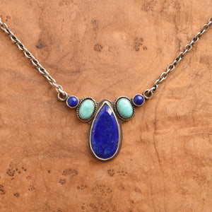 Kindness Necklace - Lapis Lazuli and Turquoise Pendant - Multi-stone Necklace - AAA Lapis Lazuli - Silversmith Pendant