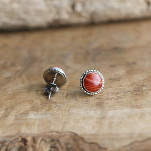 Red Agate Hammered Posts - Red Agate Studs - Red Agate Earrings - Silversmith Posts