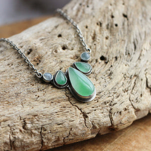 Jade Harmony Necklace - 5 Stone Pendant - Jade Aquamarine Necklace - Green Jade Sterling Silver Jewelry