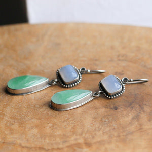 Ready to Ship - Elegant Natural Green Burma Jade and Natural Blue Chalcedony Drop Earrings - .925 Sterling Silver