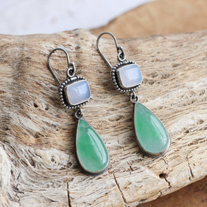 Ready to Ship - Elegant Natural Green Burma Jade and Natural Blue Chalcedony Drop Earrings - .925 Sterling Silver