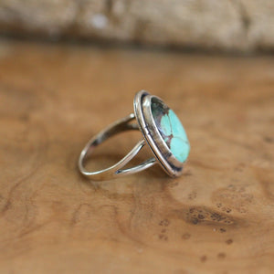 Rustic Turquoise Ring - Notched Boho Ring - .925 Sterling Silver - Old Stock Turquoise