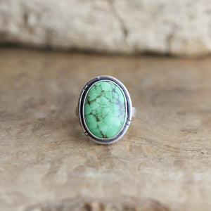 Lime Green Turquoise Notched Boho Ring - .925 Sterling Silver - Traditional Silversmith
