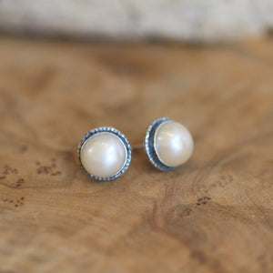 Freshwater Pearl Posts - Hammered Pearl Posts - .925 Sterling Silver - Mabe Pearl Earrings