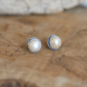 Freshwater Pearl Posts - Hammered Pearl Posts - .925 Sterling Silver - Mabe Pearl Earrings