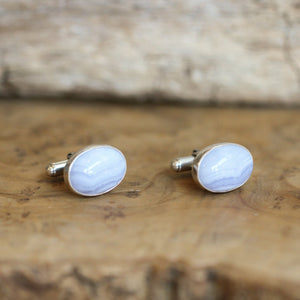 Blue Lace Agate Cuff Links - .925 Sterling Silver Cufflinks - Silversmith - Blue Lace Agate Cufflinks