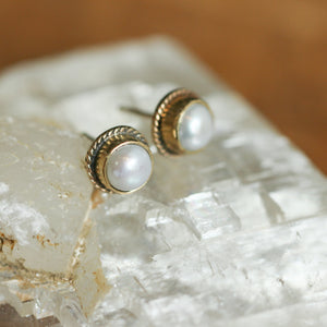 Solid Gold Pearl Earrings - White Mabe Pearl Earrings - Solid Gold Pearl Posts - 14 Kt Gold Posts