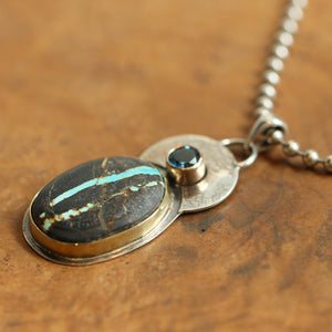 14K Sierra Nevada Boulder Turquoise Pendant - London Blue Topaz - Solid Gold and .925 Sterling Silver