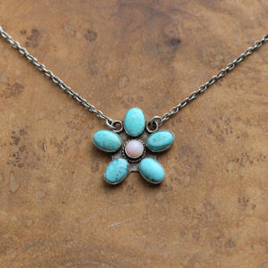 Turquoise & Pink Opal Flower Necklace - .925 Sterling Silver - Turquoise Pendants