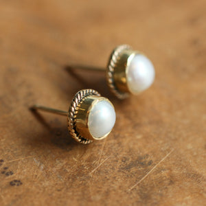 Solid Gold Pearl Earrings - White Mabe Pearl Earrings - Solid Gold Pearl Posts - 14 Kt Gold Posts