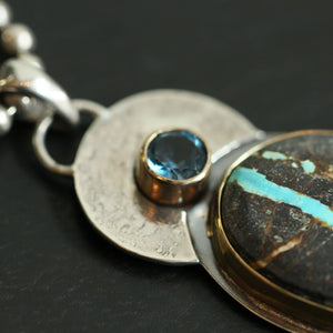 14K Sierra Nevada Boulder Turquoise Pendant - London Blue Topaz - Solid Gold and .925 Sterling Silver