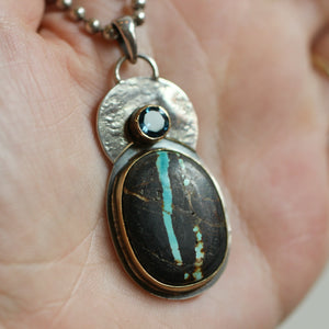 14K Sierra Nevada Boulder Turquoise Pendant - London Blue Topaz - Solid Gold and .925 Sterling Silver