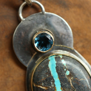 14K Sierra Nevada Boulder Turquoise Pendant - London Blue Topaz - Solid Gold and .925 Sterling Silver