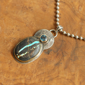 14K Sierra Nevada Boulder Turquoise Pendant - London Blue Topaz - Solid Gold and .925 Sterling Silver