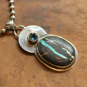 14K Sierra Nevada Boulder Turquoise Pendant - London Blue Topaz - Solid Gold and .925 Sterling Silver