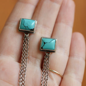 Long Turquoise Earrings - .925 Sterling Silver - Turquoise Chain Earrings
