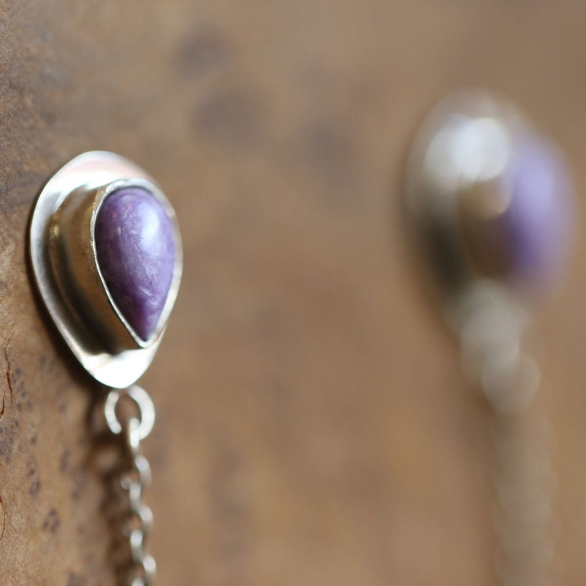 Purple Charoite & Pearl Earrings - Purple Posts with Chains Earrings