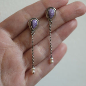 Purple Charoite & Pearl Earrings - Purple Posts with Chains Earrings