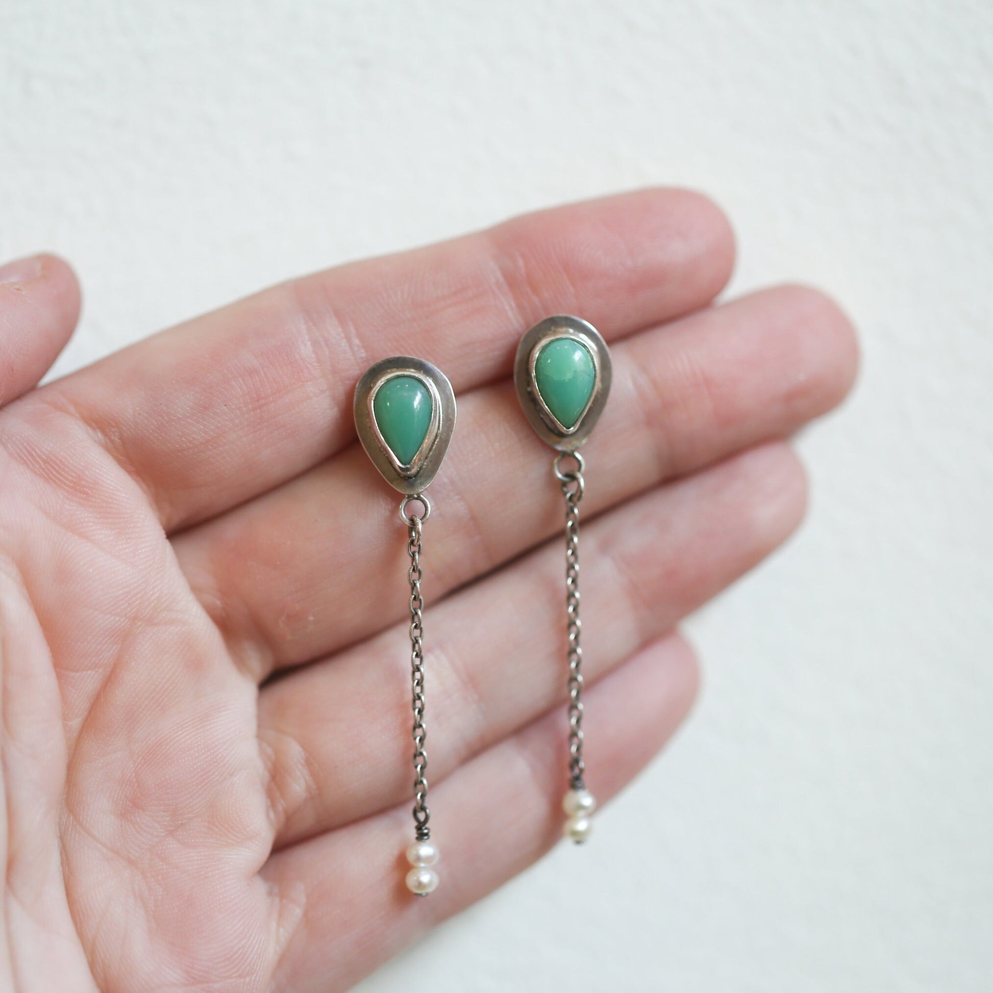 Chrysoprase Posts Pearl Dangles - Chain Drops with pearls - .925 Sterling Silver - Silversmith