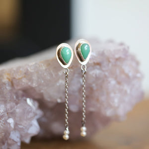 Chrysoprase Posts Pearl Dangles - Chain Drops with pearls - .925 Sterling Silver - Silversmith