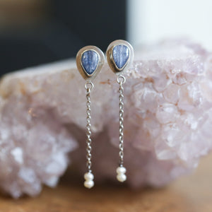 Kyanite Pearl Earrings - Boho Blue Kyanite Earrings - Silversmith - Sterling Silver